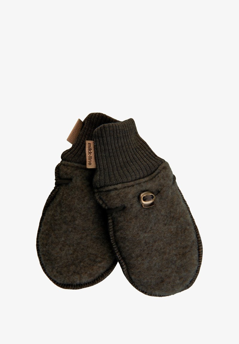 Braune Filzmittens mit einem gerippten Bund und einem kleinen metallischen Akzent. Enthält ein Stoffetikett mit dem Markennamen "mikk-line". Weicher Stoff.