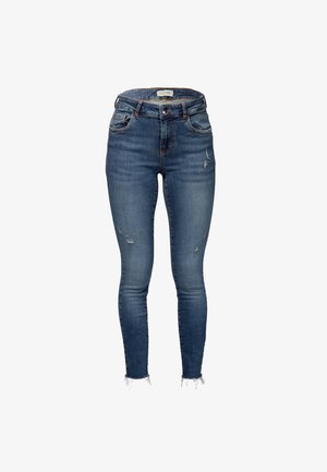 Strakke jeans in donkerblauwe denim met een verouderde afwerking, voorzien van rafelige zomen en een klassieke vijf-pocketontwerp.