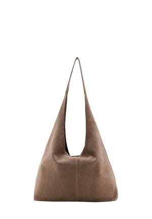 Sac hobo en suede marron avec une large poignée courbée, de forme triangulaire effilée et une grande ouverture unique en haut. Fini texturé et doux.
