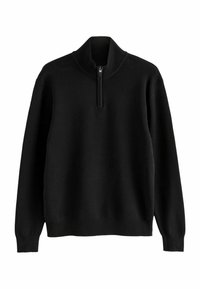 Pull-over noir avec col et poignets côtelés. Comprend une fermeture éclair à mi-longueur sur le devant et une texture douce et lisse. Design simple et uni.