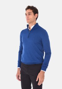 Pullover blu con collo a mezza zip, tessuto a maglia, polsini e orlo a coste, indossato sopra una camicia bianca con colletto, abbinato a pantaloni neri.