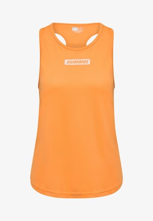Orange ærmeløs sportstop med rund halsudskæring og hvidt Hummel-logo på brystet, designet til sport og aktivt brug.