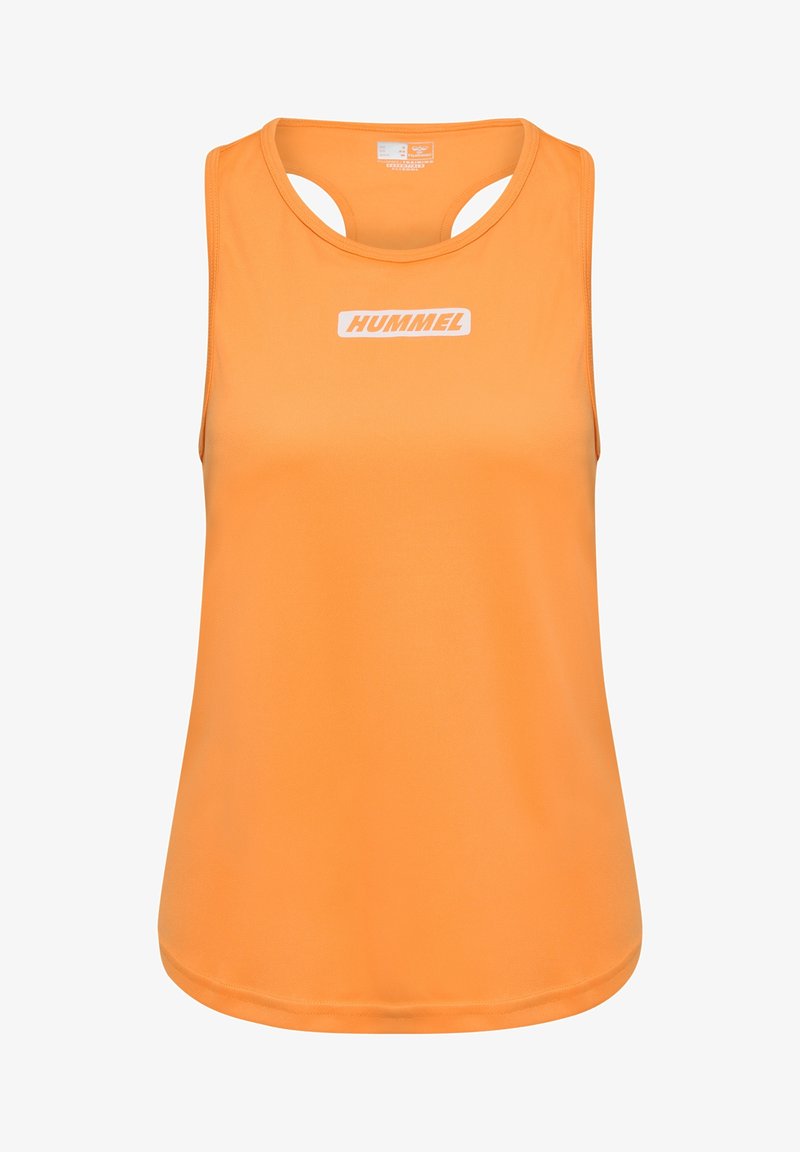 Débardeur de sport orange sans manches avec col rond et logo blanc Hummel sur la poitrine, conçu pour le sport et les activités physiques.