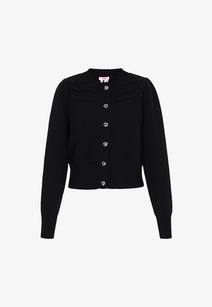 Cárdigan negro de punto con mangas largas, cuello redondo y botones en forma de corazón. Presenta bandas texturizadas a lo largo de los hombros y puños acanalados.