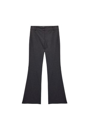 Ciemnoszare spódnice z rozszerzanymi nogawkami, wykonane z teksturowanej tkaniny, z zapięciem na dwa guziki i wysokim stanem.