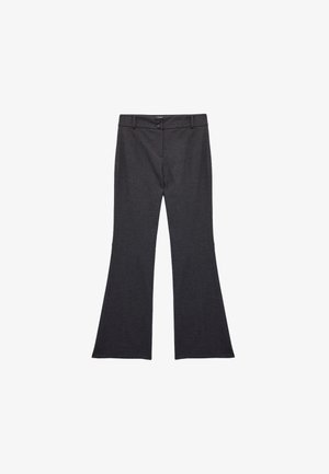 Ciemnoszare spódnice z rozszerzanymi nogawkami, wykonane z teksturowanej tkaniny, z zapięciem na dwa guziki i wysokim stanem.