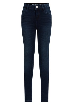 Mørkeblå denim skinny jeans med høj talje, forlommer, en enkelt knaplukning og minimal falmning.
