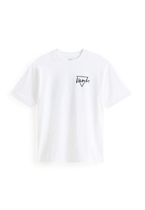 Biała bawełniana koszulka z krótkim rękawem, z czarnym logo w lewym górnym rogu i klasycznym okrągłym dekoltem.