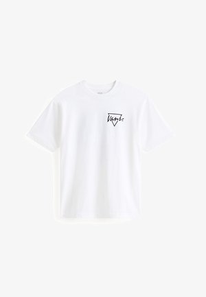 Biała bawełniana koszulka z krótkim rękawem, z czarnym logo w lewym górnym rogu i klasycznym okrągłym dekoltem.