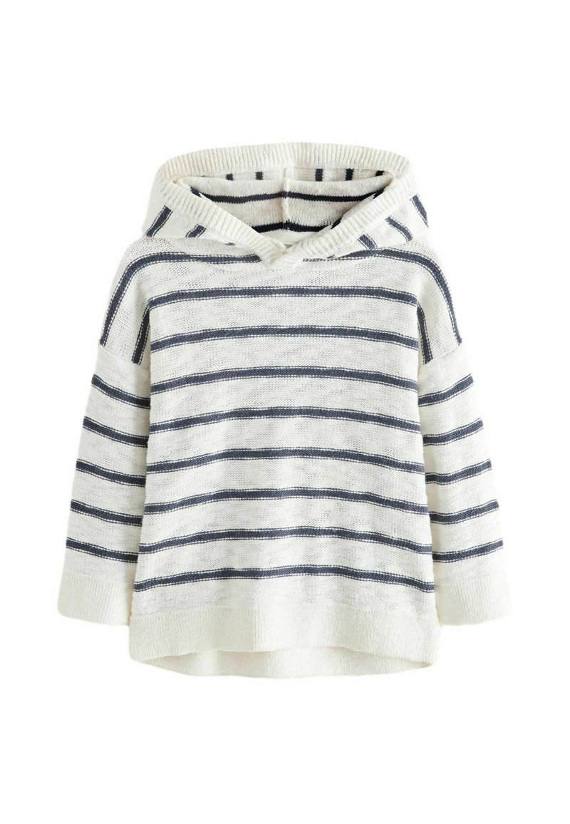 Sweat à capuche en maille blanche avec des rayures horizontales bleu marine et un ourlet ainsi que des poignets côtelés, conçu pour un enfant.
