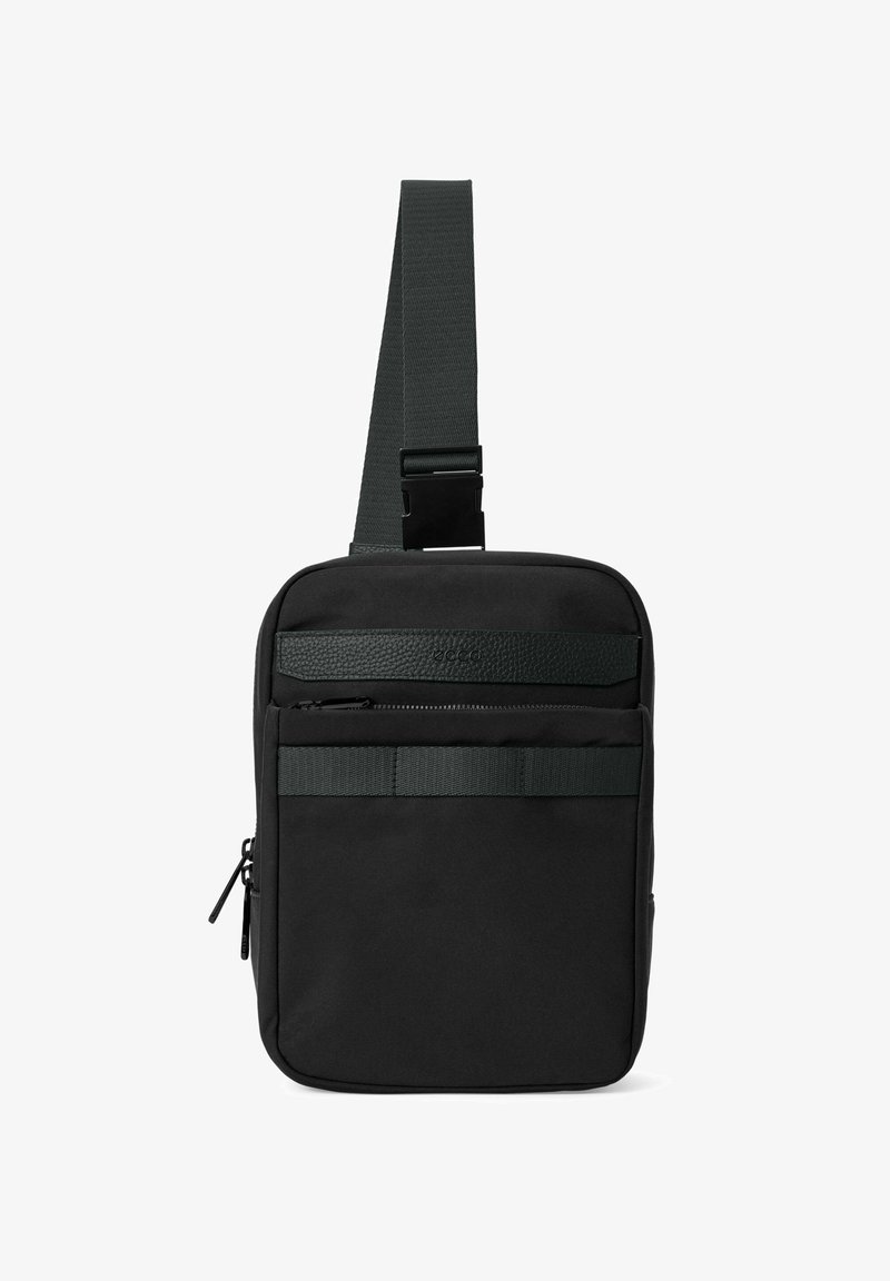 Borsa a tracolla nera realizzata in tessuto resistente. Caratterizzata da una tracolla regolabile, scomparti con cerniera e accenti in pelle texturizzata. Forma rettangolare.