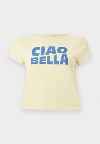 Yellow t-shirt made of cotton, featuring a blue graphic print that reads "CIAO BELLA." Short sleeves and a round neckline.