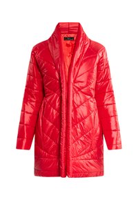 Rød puff coat med et chevron-quiltet mønster, lange ærmer og et åbent design. Fremstillet af et skinnende, glat materiale.