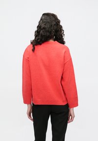 Lys korallfarget genser med løs passform, vide ermer og rund hals. Kombinert med svarte bukser, vist bakfra.