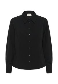 Melna ilga piedurkne krekls ar pogām priekšā, klasiskā apkakle un gluda auduma. Iekļauj sešus apaļus melnus pogas gar plāksni.