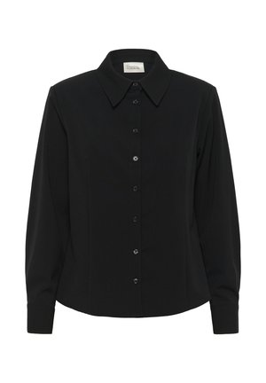 Czarna koszula z długim rękawem, zapinana na guziki z klasycznym kołnierzykiem i gładkim materiałem. Posiada sześć okrągłych czarnych guzików wzdłuż listwy.