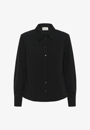 Czarna koszula z długim rękawem, zapinana na guziki z klasycznym kołnierzykiem i gładkim materiałem. Posiada sześć okrągłych czarnych guzików wzdłuż listwy.