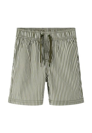 Rohelised ja valged vertikaaltriibulised püksid, millel on elastne vöökoht ja ees rohelised nöörsidemed.