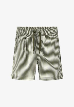 Zöld és fehér, függőleges csíkos rövidnadrág, elasztikus derékrésszel és zöld húzózsinórokkal az elején.