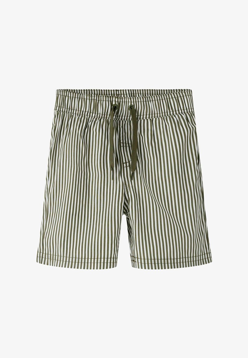 Zelené a biele šortky s vertikálnymi pruhmi, s elastickým pásom a zelenými šnúrkami na stiahnutie vpredu.