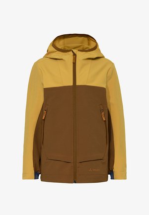 Veste à capuche jaune et marron avec fermeture éclair à l'avant et deux poches latérales zippées, arborant un petit logo Vaude sur le bas devant.