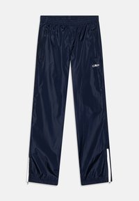 Navy windbreak pants made of shiny, water-resistant material. Features zippered side pockets and elastic waistband with white logo detail.