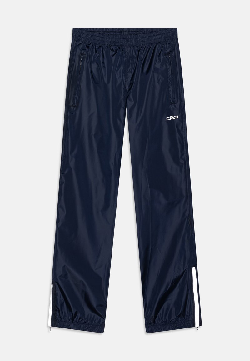 Navy windbreak pants made of shiny, water-resistant material. Features zippered side pockets and elastic waistband with white logo detail.
