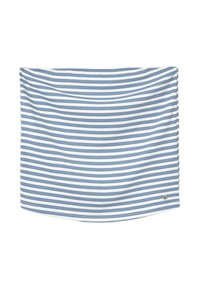 Bufanda a rayas en azul y blanco, con un tejido texturizado que presenta líneas horizontales alternas. Incluye un pequeño detalle de logo en la esquina.