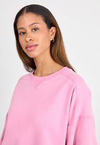 Lichtroze sweatshirt met een ronde hals, geribbelde manchetten en een klein logo geborduurd op de borst. Zacht, katoenrijk materiaal.