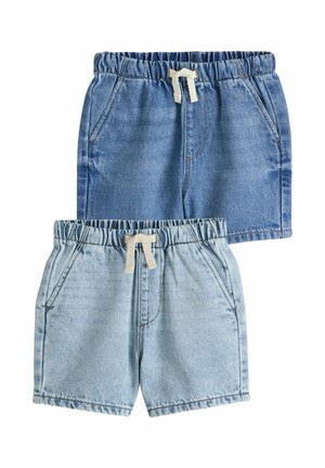 Two pairs of denim shorts in varying shades of blue. Both feature elastic waistbands with drawstrings, front pockets, and stitched seams.
