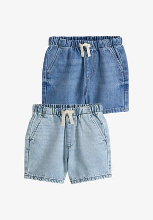 To par denimshorts i forskellige blå nuancer. Begge har elastiske linninger med snoretræk, forlommer og syninger.