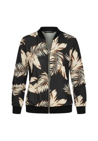 Veste bomber noire avec un imprimé de feuilles de palmier beige et marron. Comprend une fermeture zip à l'avant, des poignets côtelés et une taille côtelée. Texture de tissu lisse.