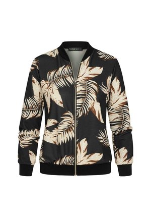 Veste bomber noire avec un imprimé de feuilles de palmier beige et marron. Comprend une fermeture zip à l'avant, des poignets côtelés et une taille côtelée. Texture de tissu lisse.