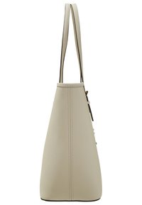 Sac à main en cuir beige avec un design effilé, texture lisse et deux longues anses. Présente des coutures subtiles et un style minimaliste.