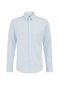 Lichtblauw overhemd met lange mouwen van gladde stof, voorzien van een button-down kraag en een voorpand met knopen, afgewerkte manchetten.