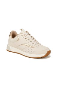 Beige athletic shoe with a smooth leather upper, gold accent, perforated detailing, and a textured rubber sole. Laces for secure fit.