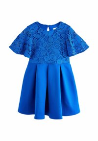 Blauwe jurk met een kant bodice met bloemenpatronen, korte mouwen en een uitlopende satijnen rok, afgewerkt met een keyhole rugdetail.