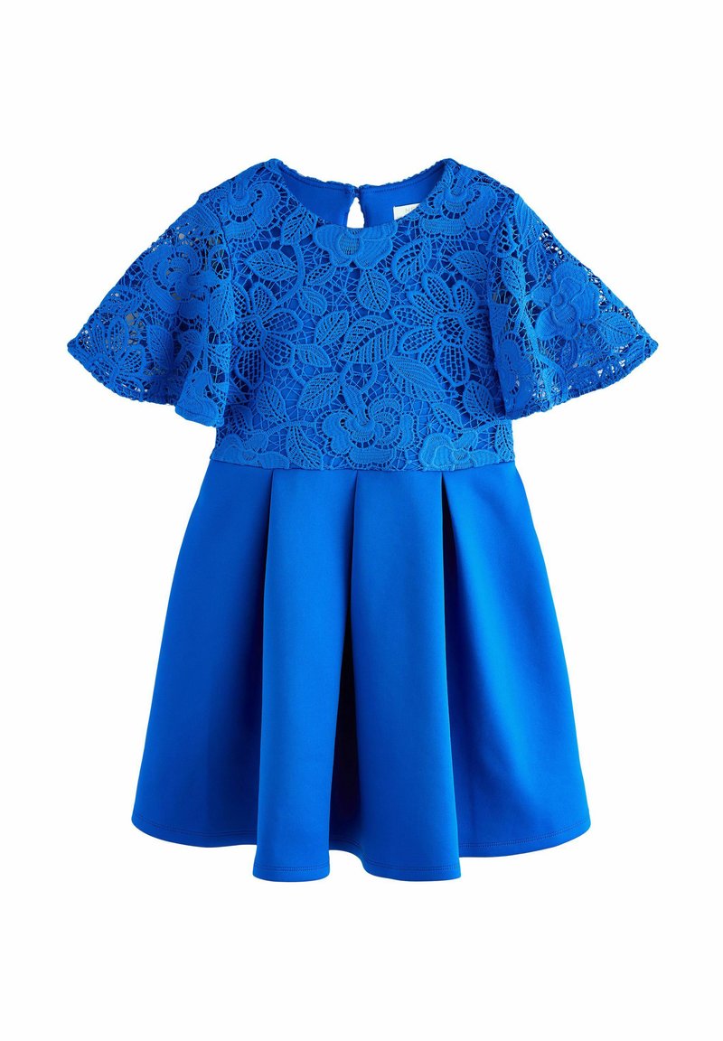 Blauwe jurk met een kant bodice met bloemenpatronen, korte mouwen en een uitlopende satijnen rok, afgewerkt met een keyhole rugdetail.