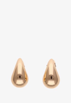 Arany színű, csepp alakú fülbevalók sima, fényes felülettel és diszkrét ívvel, biztonságos, pálcás zárással.