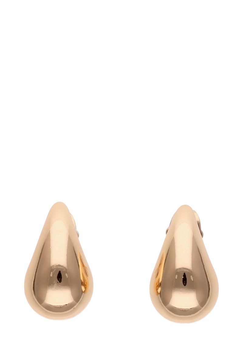 Goldfarbene Tropfenohrringe mit einer glatten, glänzenden Oberfläche und subtiler Krümmung, ausgestattet mit einem sicheren Postverschluss.