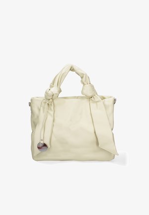 Borsa a tote color crema realizzata in materiale morbido e testurizzato, con manici annodati e un logo in tono argento. Design spazioso e strutturato.