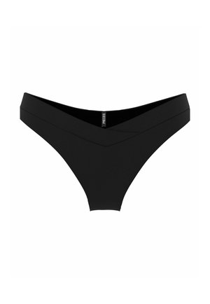 Bas de bikini pour femmes noires avec une ceinture en forme de V et une petite étiquette de marque au centre devant.