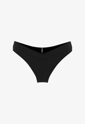 Bas de bikini pour femmes noires avec une ceinture en forme de V et une petite étiquette de marque au centre devant.
