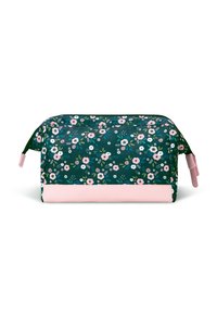 Bloemrijke cosmetica pouch met een donkergroene stof en roze en witte bloemen, verfraaid met een gestructureerde roze bodem en ritssluiting.