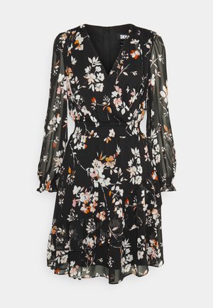 DKNY V NECK DRESS WITH ASYMMETRIC RUFFLE HEM - Denní šaty - black/multi
