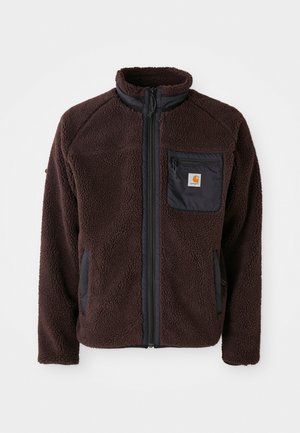 Brown fleece jacket featuring a front zipper, high collar, and a chest pocket with a black fabric accent. Side pockets are also included.
