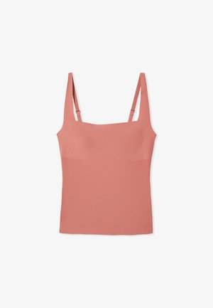 Camisola sin mangas de color rosa coral con cuello cuadrado, tirantes finos ajustables y un diseño liso y ceñido.