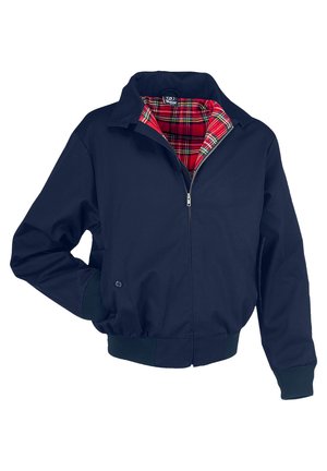 Marineblaue Bomberjacke mit rotem Karofutter, Reißverschluss vorne, gerippten Bündchen und Saum. Mit Kragen und Taschen.