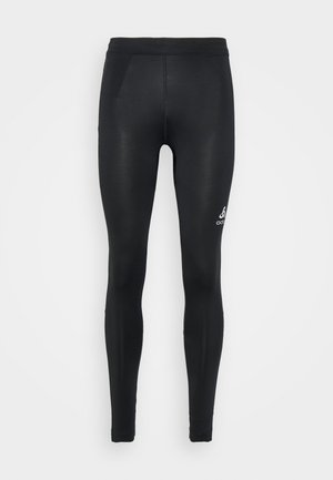 Black leggings made of stretchy material, featuring a fitted design, smooth texture, and a small logo accent on the lower leg.