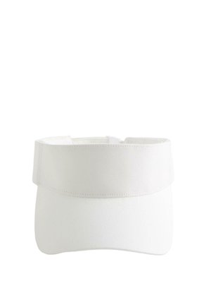 White fabric sun visor with a wide band and curved brim, designed for outdoor sun protection.